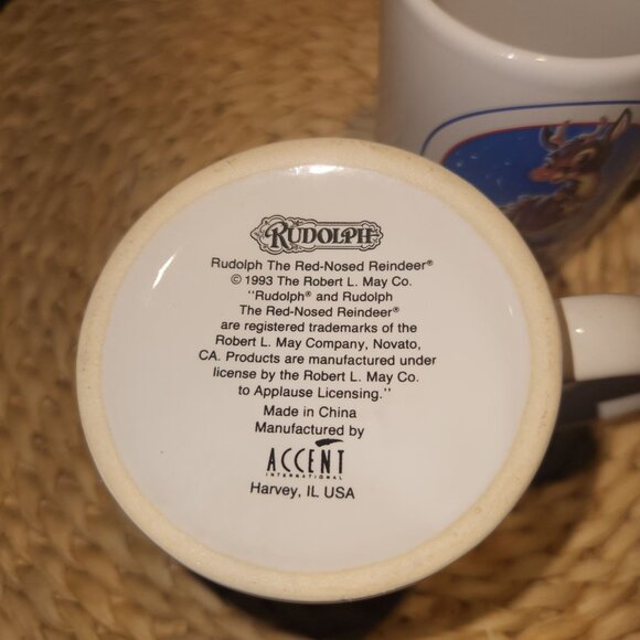 1993 Rudolph The Red-Nosed Reindeer Ceramic Mugs Set Of 2 Made in USA - Picture 3 of 3